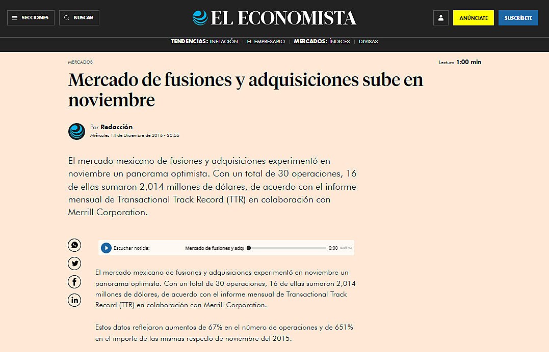 Mercado de fusiones y adquisiciones sube en noviembre